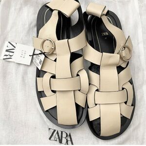Zara Leather Black Tan ivory  Cage Sandals Size 41 /10.5 Women  Shoes